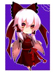 bow chibi dark_persona facial_mark hair_bow hakurei_reimu lavender_hair looking_at_viewer m.u.g.e.n maga-reimu orange_hair pink_hair ponytail smile solo touhou white_hair yutazou