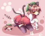  all_fours animal_ears bad_id black_legwear brown_hair cat_ears cat_tail catgirl chen chibi hat kuromari_(runia) multiple_tails o_o open_mouth paw_pose paw_print shirt skirt skirt_set tail thigh-highs thighhighs touhou yellow_eyes zettai_ryouiki 