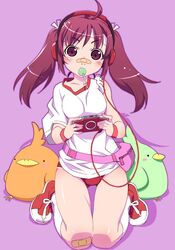  1girl absurdres bandaid bandaid_on_knee bandaid_on_nose bird bra_strap brown_eyes brown_hair buruma candy fanny_pack girls_playing_games gym_uniform headphones highres lollipop original playing_games playstation_portable twintails watanabe_akio 