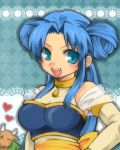  1girl alternate_hairstyle blue_background blue_eyes blue_hair choker double_bun heart madou_monogatari minotaur minotaur_(puyopuyo) polka_dot polka_dot_background puyopuyo rulue short_hair smile yoya0503 