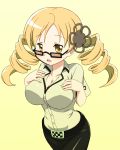  baron_(baron-eros) belt bespectacled blonde_hair breasts cosplay drill_hair glasses hair_ornament hairpin highres impossible_clothes impossible_clothing impossible_shirt kiryuu_moeka kiryuu_moeka_(cosplay) large_breasts long_hair mahou_shoujo_madoka_magica pants shirt solo steins;gate tomoe_mami twin_drills twintails yellow yellow_background yellow_eyes 