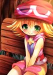  1girl amitie belt bench blonde_hair flipped_hair green_eyes hat hoodie puyopuyo puyopuyo_fever shikei_(jigglypuff) short_hair shorts sitting smile solo v_arms 