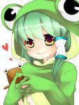  blush face frog_costume green_eyes green_hair hair_tubes heart kochiya_sanae pyonta simple_background smile touhou yutazou 