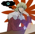  bad_id barnaby_brooks_jr blonde_hair blue_eyes glasses hand_on_chin hand_to_chin jacket jenach jewelry male necklace paw_print red_jacket solo thinking thought_balloon thought_bubble tiger_&amp;_bunny 