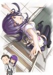  :p arm_up black_legwear chibi chibi_inset from_above ladder long_hair looking_at_viewer looking_up open_mouth otoo_hyougo purple_eyes purple_hair smile tea_(artist) thigh-highs thighhighs tongue violet_eyes waitress working!! yamada_aoi 