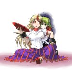 2girls arm_warmers aura blonde_hair breast_envy breast_grab breasts chain chains geta green_eyes green_hair horn hoshiguma_yuugi iwatobi_hiro long_hair long_skirt mizuhashi_parsee multiple_girls open_mouth pointy_ears red_eyes sakazuki sake sitting skirt star staring_at_breasts touhou wrist_cuffs