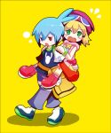  1boy 1girl :o ahoge amitie bag blonde_hair blue_eyes blue_hair embarrassed green_eyes hat hato_mune heterochromia injury pants piggyback puyopuyo puyopuyo_fever red_eyes shirt shoes short_hair sig yellow_background 