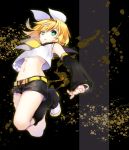  arm_warmers blonde_hair hair_ornament hair_ribbon hairclip kagamine_rin midriff navel ribbon short_hair shorts solo vocaloid yuuki_kira 