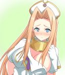  blonde_hair blue_eyes blush breasts gloves gradient gradient_background hat hyakuen_raitaa long_hair looking_at_viewer mint_adenade solo tales_of_(series) tales_of_phantasia wardrobe_malfunction 