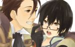  alvin_(tales_of_xillia) bespectacled black_hair brown_eyes brown_hair glasses gloves grin jude_mathis male multiple_boys scarf smile tales_of_(series) tales_of_xillia white_background yellow_eyes 