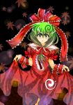  bow dress frills front_ponytail green_eyes green_hair hair_bow hair_ribbon highres kagiyama_hina leaf ribbon ryouryou skirt skirt_hold skirt_lift solo touhou 