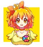  bow breasts brown_eyes brown_hair bust choker cure_pine food fresh_precure! fruit hair_bow hair_ribbon heart magical_girl orange orange_(color) owarine_miku precure ribbon short_hair side_ponytail smile solo yamabuki_inori 