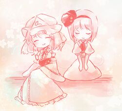  2girls ^_^ bow closed_eyes dress frills hair_bow hat konpaku_youmu konpaku_youmu_(ghost) monochrome multiple_girls puffy_sleeves saigyouji_yuyuko sen1986 short_hair short_sleeves sitting smile touhou triangular_headpiece wide_sleeves 