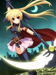  bardiche blonde_hair cross_(crossryou) energy_blade fate_testarossa highres lyrical_nanoha magic_circle mahou_shoujo_lyrical_nanoha moon red_eyes scythe solo thighhighs twintails 