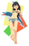  bikini bikini_top black_hair blue_eyes cutoffs denim denim_shorts dolphin earrings fang feet from_below ganaha_hibiki hoop_earrings idolmaster inflatable_toy jewelry long_hair open_fly ponytail short_shorts shorts soles swimsuit toes tsurui unzipped 