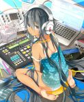  1girl amplifier apple_inc. artist_request beats_by_dr._dre black_hair computer dark_skin djyui headphones kneeling laptop long_hair looking_back macbook no_pants original panties sitting source_request strap_slip tan tanline underwear very_long_hair wariza white_panties 