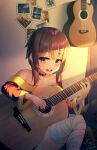  1girl :d absurdres artist_name bandaged_leg bandages bangs bare_shoulders black_choker brown_hair choker collarbone commentary_request copyright_name dated dress eyebrows_visible_through_hair guitar highres holding indoors instrument kono_subarashii_sekai_ni_shukufuku_wo! long_sleeves megumin photo_(object) red_dress red_eyes shiny shiny_hair signature smile sunlight teeth translation_request upper_teeth yansae81 