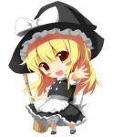  :d blonde_hair bloomers blush_stickers bow broom chibi hat hat_bow kirisame_marisa long_hair looking_at_viewer open_mouth outstretched_arm simple_background smile solo tahal taharu_kousuke touhou witch witch_hat 