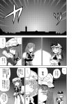  ascot book bow braid comic crossed_arms fangs hair_bow hat hat_bow hong_meiling long_hair monochrome multiple_girls patchouli_knowledge remilia_scarlet slit_pupils star sweatdrop touhou translated translation_request twin_braids wings yokochou 