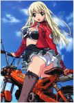  aqua_eyes artist_request ass blonde_hair breasts character_request cleavage copyright_request highres jacket long_hair long_sleeves midriff motor_vehicle motorcycle open_mouth outdoors panties skirt solo takamura_kazuhiro thigh-highs thighhighs underwear vehicle white_panties 