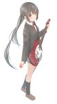  black_hair buttons footwear guitar highres instrument k-on! loafers long_hair long_sleeves looking_at_viewer nakano_azusa nnyu plectrum red_eyes ribbon school_uniform shoes simple_background skirt smile socks solo twintails 