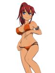  1girl armlet bellows_(suisei_no_gargantia) bikini blue_eyes breasts caryo earrings hoop_earrings jewelry large_breasts long_hair looking_at_viewer midriff navel orange_bikini ponytail redhead simple_background smile suisei_no_gargantia swimsuit white_background 