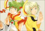  blonde_hair bruce_lee&#039;s_jumpsuit bruce_lee's_jumpsuit chinese_clothes detached_sleeves dragon_kid dual_persona fighting_stance green_eyes green_hair hat huang_baoling lplp_taira multiple_girls short_hair superhero tiger_&amp;_bunny 