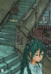  aqua_eyes aqua_hair face flower hatsune_miku highres hydrangea inukoko jitome plant rain stairs trash twintails vocaloid 