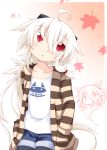  autumn_leaves blush clothes_writing clothing_writing ghost head_tilt long_hair original pointy_ears ponytail red_eyes reku shiroko_(reku) shirt shorts silver_hair very_long_hair 