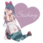  adjusting_hair apron bad_id blue_eyes bow dress eating ginandtonic hair_bow heart long_hair lowres multicolored_hair panty_&amp;_stocking_with_garterbelt solo stocking_(psg) striped striped_legwear thighhighs two-tone_hair 