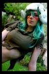  a-pumpkin absurdres aqua_hair arrancar bleach bodypaint breasts cosplay espada highres hollow long_hair midriff nelliel_tu_odelschwanck nelliel_tu_odelschwanck_(cosplay) non-asian photo skull solo torn_clothes 