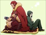  armor beard black_hair bob_cut book cape facial_hair fate/stay_night fate/zero fate_(series) green_eyes male multiple_boys necktie reading red_eyes red_hair redhead rider_(fate/zero) sitting waver_velvet yun_(neo) 