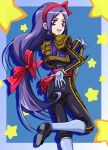  alternate_costume aono_miki arm_behind_back bad_id blue_background bow fresh_precure! fukushima_masaru gloves hair_ribbon hairband long_hair looking_back matador pants precure purple_eyes purple_hair ribbon shoes smile solo star starry_background sword vest violet_eyes weapon 