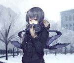  akiyama_mio black_hair covering covering_face covering_mouth gloves hand_in_pocket jacket k-on! long_hair scarf snow snowing solo taxi_(owp) winter winter_clothes 