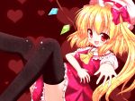  1girl bad_id black_legwear blonde_hair fang flandre_scarlet hat highres kuromari_(runia) outstretched_hand red_eyes side_ponytail solo the_embodiment_of_scarlet_devil thighhighs touhou wings 