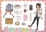  backpack bad_id bag black_legwear brown_eyes brown_hair cellphone closed_umbrella coin_purse headphones jacket key keychain leggings notebook o3o original partially_translated pencil_case phone randoseru sewing_kit short_hair sketchbook standing_on_one_leg themed_object translation_request trencker umbrella 