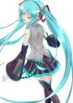  aqua_eyes aqua_hair detached_sleeves from_behind hair_ribbon hatsune_miku headphones highres long_hair pleated_skirt ribbon seta4480 simple_background skirt solo thigh-highs thighhighs twintails very_long_hair vocaloid white_background zettai_ryouiki 