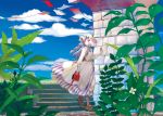  cloud crescent dew dress flag flower hat highres leaf long_hair patchouli_knowledge purple_eyes purple_hair ribbon sky solo stairs string sugi touhou violet_eyes water watering_can 