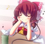  ascot bad_id blush bow brown_hair chin_rest closed_eyes cup detached_sleeves eyes_closed hair_bow hair_tubes hakurei_reimu headphones listening_to_music miko musical_note shefu smile solo steam table touhou 
