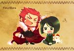  bad_id beard bird black_hair bob_cut cape chibi chicken clochro facial_hair fate/stay_night fate/zero fate_(series) green_eyes male necktie petting red_hair redhead rider_(fate/zero) sitting waver_velvet 