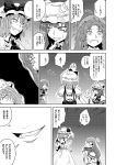  3girls ascot bow braid comic fangs from_behind hair_bow hat hat_bow hong_meiling long_hair monochrome multiple_girls no_eyes open_mouth patchouli_knowledge praying remilia_scarlet slit_pupils star sweatdrop touhou translated translation_request twin_braids wings yokochou 