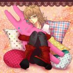  bad_id barnaby_brooks_jr blonde_hair boots doily glasses green_eyes highres jacket jewelry male mary-nana necklace pillow red_jacket solo stuffed_animal stuffed_bunny stuffed_toy tiger_&amp;_bunny 