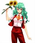  alternate_costume alternate_hair_length alternate_hairstyle ascot breasts flower green_hair kazami_yuuka kazami_yuuka_(pc-98) long_hair pants plaid plaid_pants plaid_vest red_eyes shirt simple_background smile solo sunflower touhou touhou_(pc-98) vest white_background yamada_3 youkai 