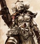  armor bolter book chain feathers fleur_de_lis gun juo pauldron pauldrons power_armor purity_seal simple_background sisters_of_battle skull torch warhammer_40k weapon 