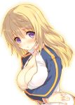 :o blonde_hair blush breast_hold breasts bust charlotte_dunois cleavage dutch_angle huge_breasts infinite_stratos large_breasts long_hair looking_at_viewer purple_eyes solo tatami_to_hinoki track_jacket violet_eyes 