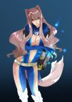  book breasts brown_eyes brown_hair cleavage fur_trim glasses gloves hair_intakes highres large_breasts long_hair midriff moza navel preza skin_tight smile solo tail tales_of_(series) tales_of_xillia 