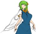  1girl blue_eyes breasts daiyousei dress green_hair hair_ribbon huge_breasts long_hair pointy_ears puffy_sleeves ribbon rough side_ponytail smile solo space_jin touhou wings 