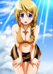  :o bad_id bikini bikini_skirt blonde_hair blush body_blush bracelet braid breasts charlotte_dunois cleavage cross hand_on_thigh highres infinite_stratos jewelry large_breasts leaning_forward long_hair looking_at_viewer navel necklace open_mouth pendant purple_eyes solo sumeragi_tomo sunbeam sunlight swimsuit violet_eyes 