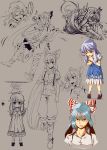  all_fours angry annoyed boots ex-keine fujiwara_no_mokou hat highres horns hug jumping kamishirasawa_keine long_hair monochrome multiple_girls partially_colored senhaku shy touhou translated translation_request very_long_hair young 