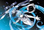  astronaut blue_eyes blue_hair floating hatsune_miku headwear_removed helmet helmet_off helmet_removed long_hair open_mouth solo space space_station star_(sky) twintails very_long_hair vocaloid yuuki_kira 
